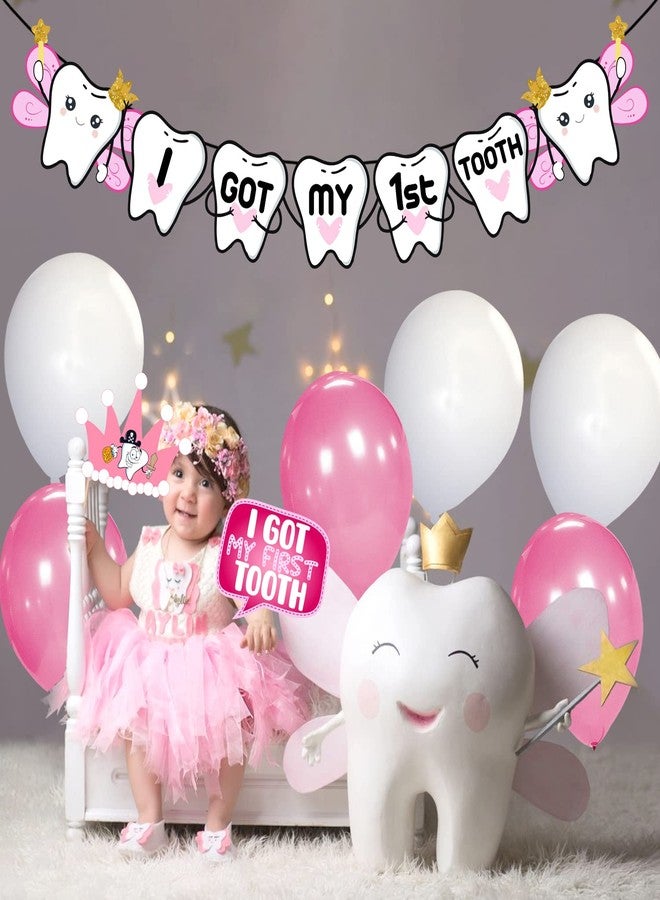 Zyozique I Got My First Tooth Photo Booth Props and I Got My First Tooth Paper Banner With Balloons /First Tooth Decoration/First Tooth Decoration Items for Baby (Pack of 42) Pink - Image 5